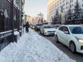 Deep snow on the sidewalk on Znamenka Street in Moscow.