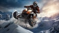 In deep snowdrift snowmobile rider make fast turn. Riding with fun in deep snow powder during backcountry tour. Extreme Royalty Free Stock Photo