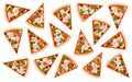 Pattern background made of top view of pizza pieces on white background