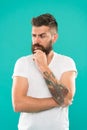 Deep thoughts. Man serious face not confident. Have some doubts. Hipster bearded face not sure in something. Doubtful Royalty Free Stock Photo