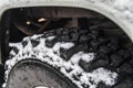 deep tyre tread on a roadworthy tyre with snow