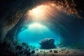 deep underwater cave with stones under rays of sun Royalty Free Stock Photo