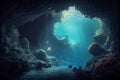 Deep Underwater ocean valley. Underwater life of cenote