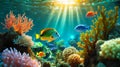 Deep underwater tropical landscape with corals of different colors, tropical fishes, with the sun filtering through the water.