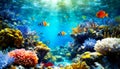 Deep underwater tropical landscape with corals of different colors, tropical fishes, with the sun filtering through the water.