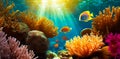 Deep underwater tropical landscape with corals of different colors, tropical fishes, with the sun filtering through the water.