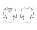 Deep V-neck Jersey Sweater Technical Fashion Illustration With Elbow Sleeves, Close-fitting Shape.