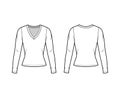 Deep V-neck jersey sweater technical fashion illustration with long sleeves, close-fitting shape.