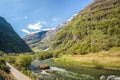 Deep valley with river of Norwegian fjords close the train journey Flamsbana between Flam and Myrdal in Aurland in Western Norway Royalty Free Stock Photo