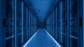 Modern Server Room Hallway with Blue Neon Lights, Data Center, Technology Concept Royalty Free Stock Photo