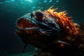Deep-water fish at the very bottom of the ocean. A scary fish with big teeth. Underwater world. Generative AI