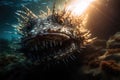 Deep-water fish at the very bottom of the ocean. A scary fish with big teeth. Underwater world. Generative AI