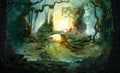 Into the deep woods, atmospheric landscape with archway and ancient trees, misty and foggy mood