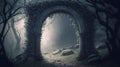 into the deep woods, atmospheric landscape with archway and ancient trees, misty and foggy mood Royalty Free Stock Photo