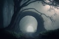 into the deep woods, evocative setting with arch and old trees, moody mist and fog Royalty Free Stock Photo