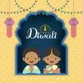 Deepavali or Diwali greeting card - cartoon indian kids with kandil lanterns