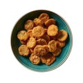 Deepfried Pickles On Blue Smooth Round Plate On Isolated Transparent Background U.S. Dish. Generative AI