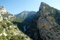 A deeply incised river valley between rocks in the Verdon Canyon