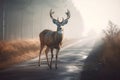 Deer animal on misty woodland road. Generate ai