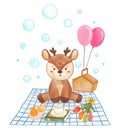 Deer animal and picnic object . Realistic watercolor paint with paper textured . Cartoon character design . Vector