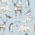 Animals of the north christmas new year houses watercolor hand-drawn illustration. Print textile vintage realism patern seamless o Royalty Free Stock Photo