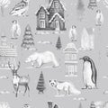 Animals of the north christmas new year houses watercolor hand-drawn illustration. Print textile vintage realism patern seamless o Royalty Free Stock Photo