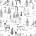 Animals of the north christmas new year houses watercolor hand-drawn illustration. Print textile vintage realism patern seamless o Royalty Free Stock Photo