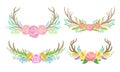 Deer Antlers Arranged with Showy Flower Buds and Tender Feathers Vector Set