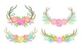 Deer Antlers Arranged with Showy Flower Buds and Tender Feathers Vector Set