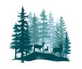 Deer with antlers, doe, fawn posing in magic misty forest. Silhouettes illustration. Royalty Free Stock Photo