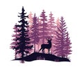 Deer with antlers, doe, fawn posing in magic misty forest. Silhouettes illustration. Royalty Free Stock Photo