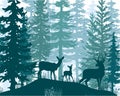 Deer with antlers, doe, fawn posing in magic misty forest. Silhouettes illustration. Royalty Free Stock Photo