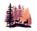 Deer with antlers, doe, fawn posing in magic misty forest. Silhouettes illustration.