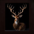 A deer with antlers gazes at the camera in the dark Royalty Free Stock Photo