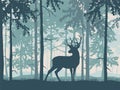 Deer with antlers posing, blue forest background, silhouettes of trees.