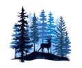 Deer with antlers posing in blue magic forest. Silhouettes illustration. Royalty Free Stock Photo