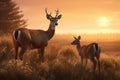 deer with antlers and small bambi fawn at sunset in meadow near forest. AI generated.