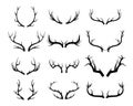 Deer antlers vector set. Hand drawn silhouettes of hunting trophies.Silhouette of the horns of a wild elk Royalty Free Stock Photo