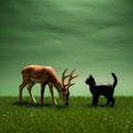 Deer with antlers and white spots, and a black cat, stand on Royalty Free Stock Photo