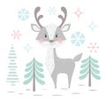 Deer baby winter print. Cute animal in snowy forest christmas card. Royalty Free Stock Photo