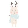 Deer baby winter print. Cute animal in warm scarf christmas card.