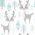 Deer baby winter seamless pattern. Cute animal in snowy forest christmas print.