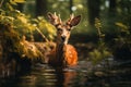 Sika deer stand alone in the forest