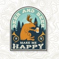 Deer and beer make me happy. Vector. Concept for shirt, print, stamp, badge, tee. Vintage typography design with deer