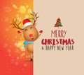 Deer with big signboard. Merry Christmas calligraphy lettering design. Creative typography for holiday greeting Royalty Free Stock Photo