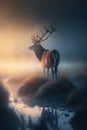 Deer Buck in the Morning Foggy Field. AI generated Illustration