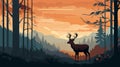 Modernism Illustration Of Deer In Forest At Sunset