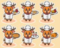 Vector illustration of cute Little Deer Chef With Food set. Royalty Free Stock Photo