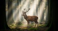 A deer (Cervus elaphus) stands gracefully in a sun-dappled forest, with light filtering Royalty Free Stock Photo