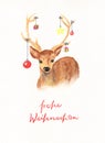 Deer with Christmas decoration watercolor painting with german text: Frohe Weihnachten